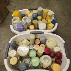 Brand new 80 pillar candles lot and 14 candle holders