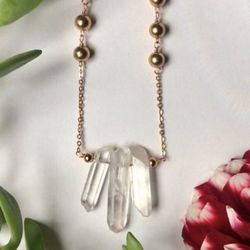 Handmade Clear Quarts, Rose Gold, Brass Necklace 