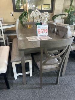 Brand New Gray Dining Table Set with 4 Chairs and Bench