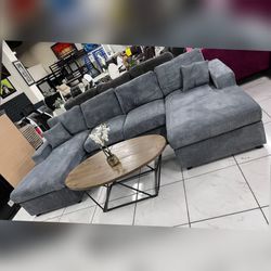 Dark gray corduroy Double chaise sectional sofa