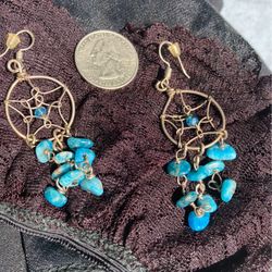 Vintage Silver 925 Stamped Dream Catcher Dangling Turquoise Earrings 