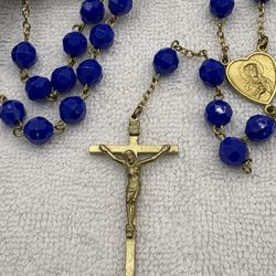 NRI BLUE ACRYLIC BEADED ROSARY NECKLACE Jesus Catholic Religious Jewelry