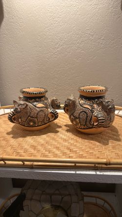 Handcrafted Mexican Jaguar Pottery Vases (Set of 2)