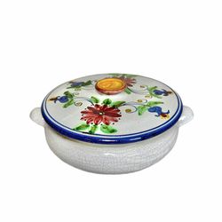 Vintage Mediterranean Style Crackle Glaze Handpainted Ceramic Casserole Dish With Lid.