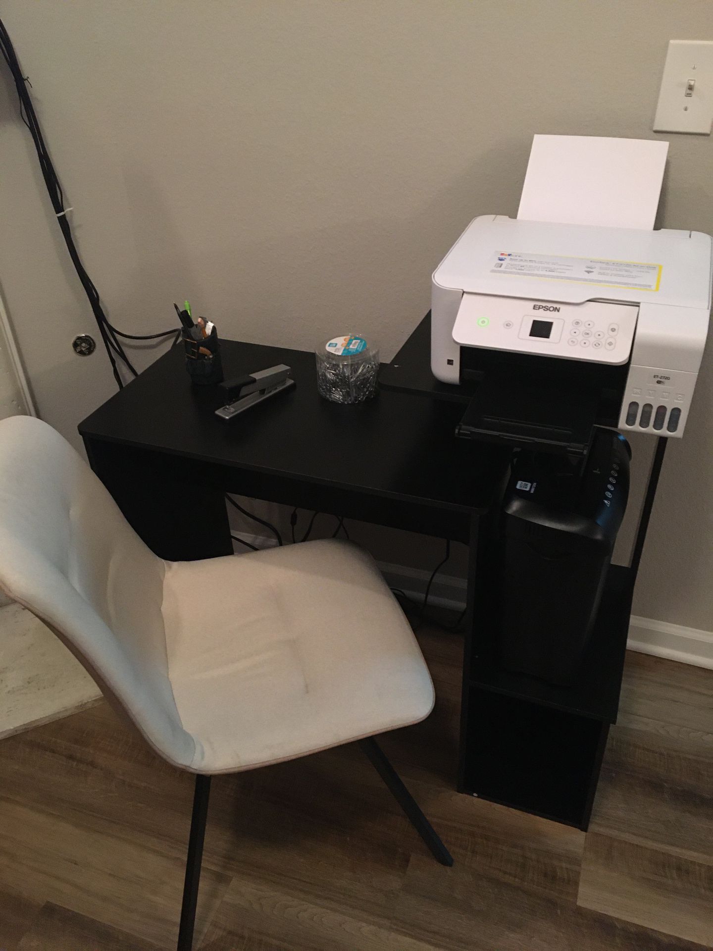 Printer, desk, chair, paper triturator