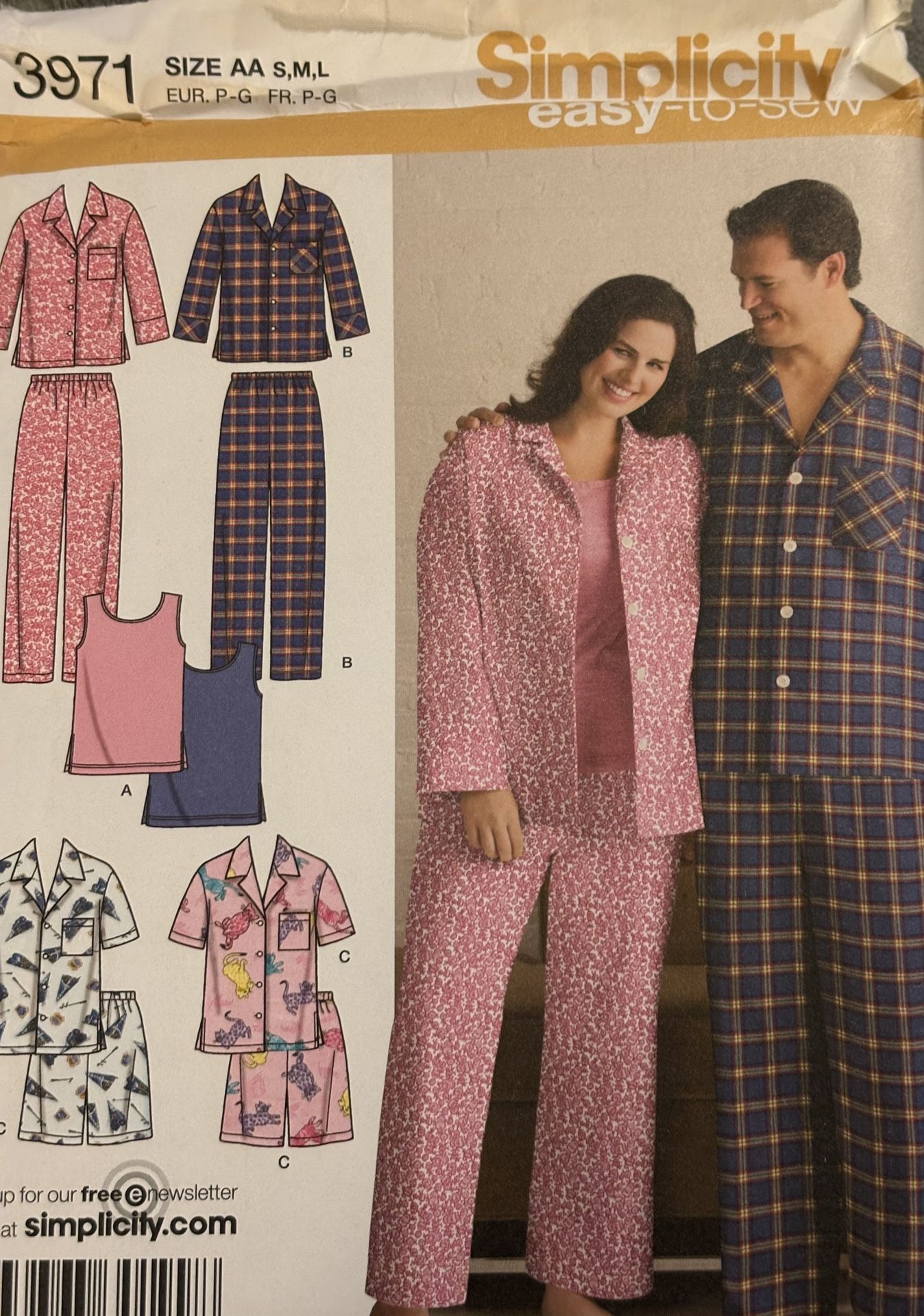 Simplicity 3971 Easy-to-Saw Pattern PJ  Unisex Short Pant Sets  Size S-L