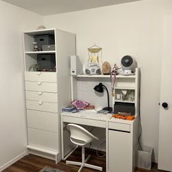 IKEA MICKE Desk in white with hutch! Built-in cord storage, dry erase/magnet board, storage galore! 