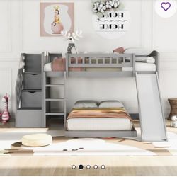 Gray Twin/Twin Bunk Bed With Slide And Storage Steps