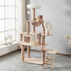 "Cat Tree, 55"" Modern Cat Tower with Cat Condo, Wood Litter Box Enclosure Furniture with Large Transparent Space Capsule Top Perch for Large/Fat Cats