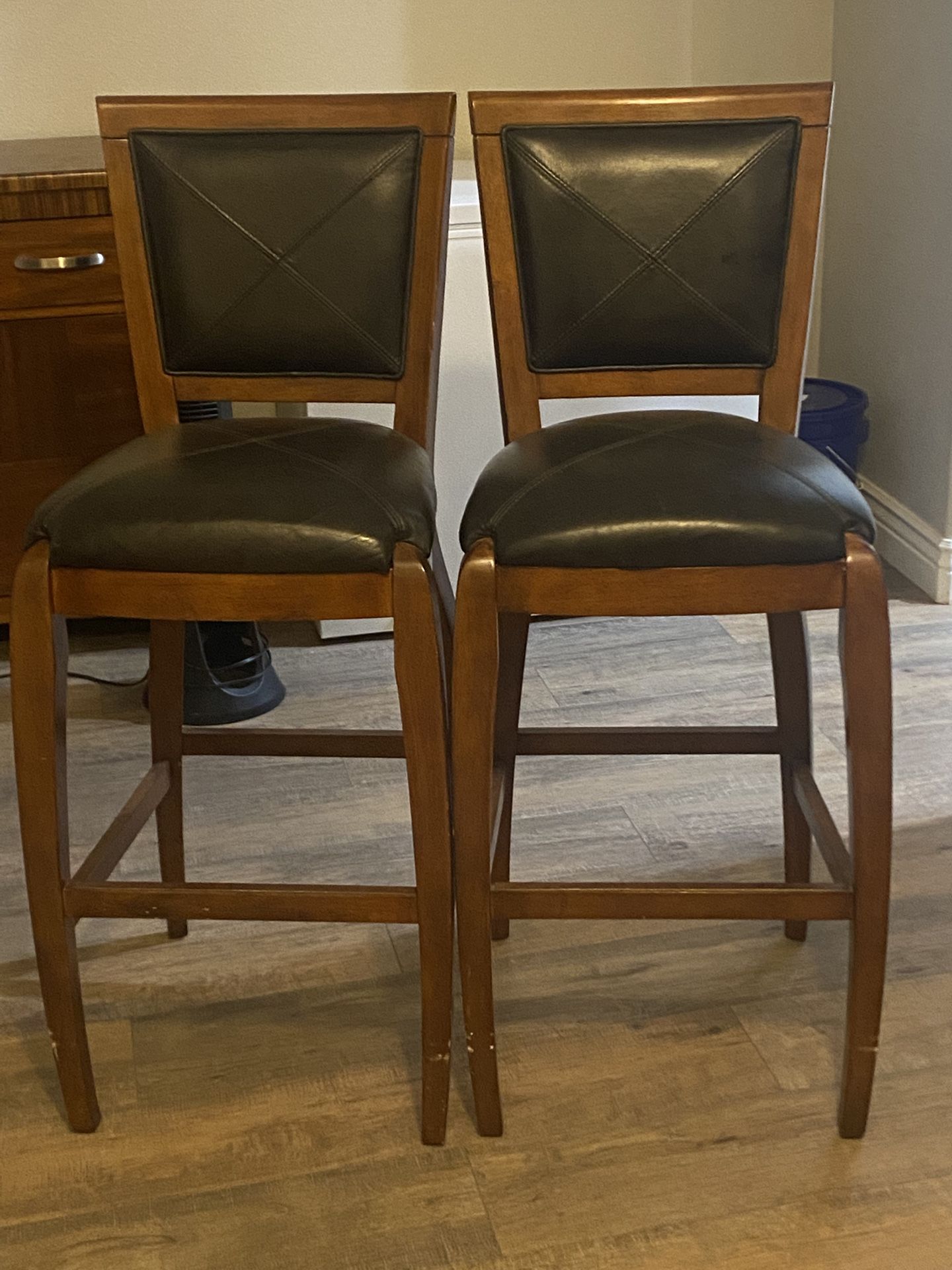 Solid Wood And Black Leather Bar Stools