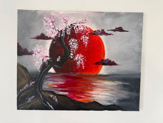16x20 Original Acrylic Painting Cherry Blossom Red Moon