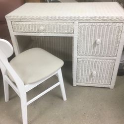 Wicker Computer Desk With Filing Drawers and White Wooden Chair