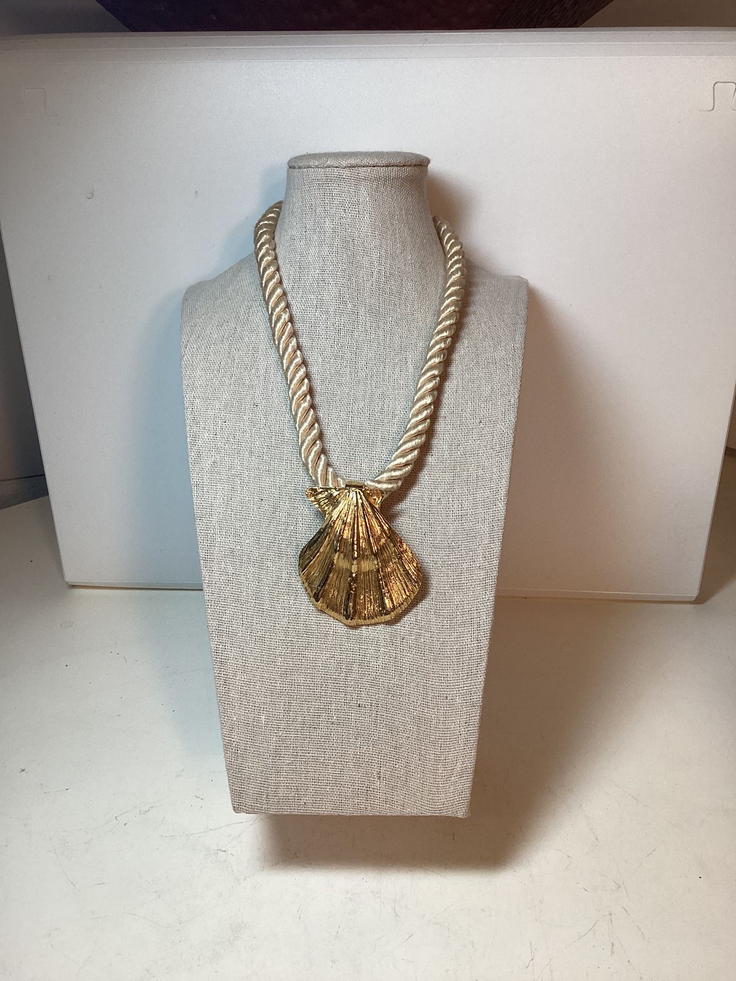 Vintage Signed Gay Boyer Gold plated Scallop Shell Pendant With Silk Cord Necklace