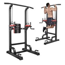 Pooboo Power Tower Dip Station Pull Up Bar for Fitness Home Gym Workout,Multi-Function Adjustable Height Fitness Strength Training Exercise Equipment,