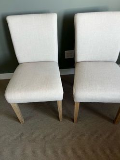 2 Crate and Barrel Lowe Taupe Upholstered Dining Chair with Natural Wood Legs