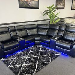Black Leather Gel Sofa Sectional Power Recliners & LED Lights 
