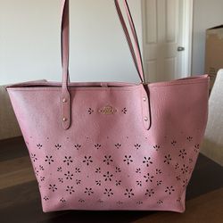 Coach Pink Large City Tote With Floral Cutouts