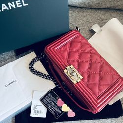 Chanel Authentic Calfskin Quilted Old Medium Boy Flap Dark Red