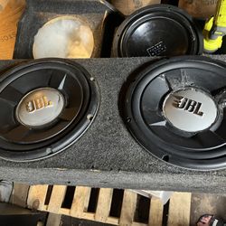 2 12 Inch JBL Subs In Box   Subs Work Perfectly  1200 Watts Each  Dual Voicecoils    Box Isn’t Great But Works   