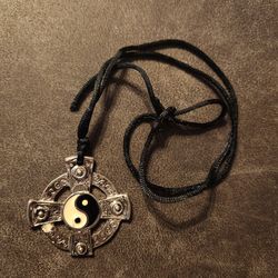 Vintage Yin Yang Cross Silver Tone Necklace Black String Intricate
