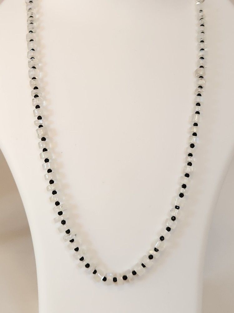 Moonstone And Black Spinel Bead Necklace In Sterling Silver