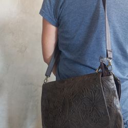 Large Hand Tooled Leather Crossbody Purse