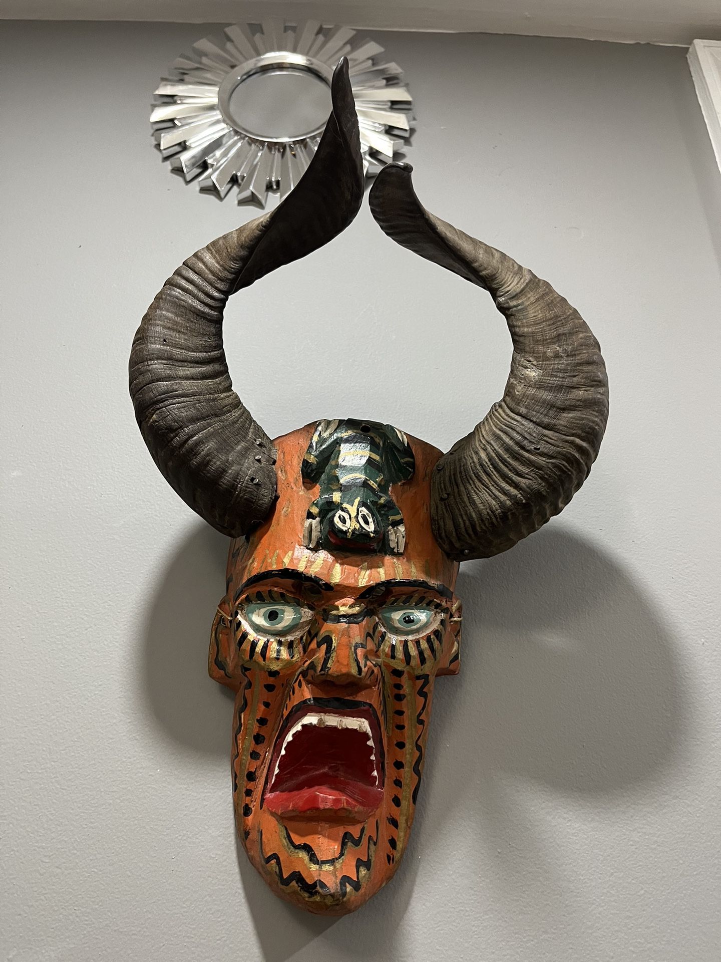 Guerrero Mexican Folk Art Carved Wood Mask Devil With Real Ram Horns