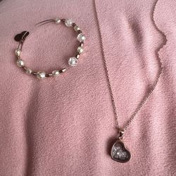 Rose Gold plated Over Silver Heart Necklace With Floating Crystals & Alex And ani Bracelet