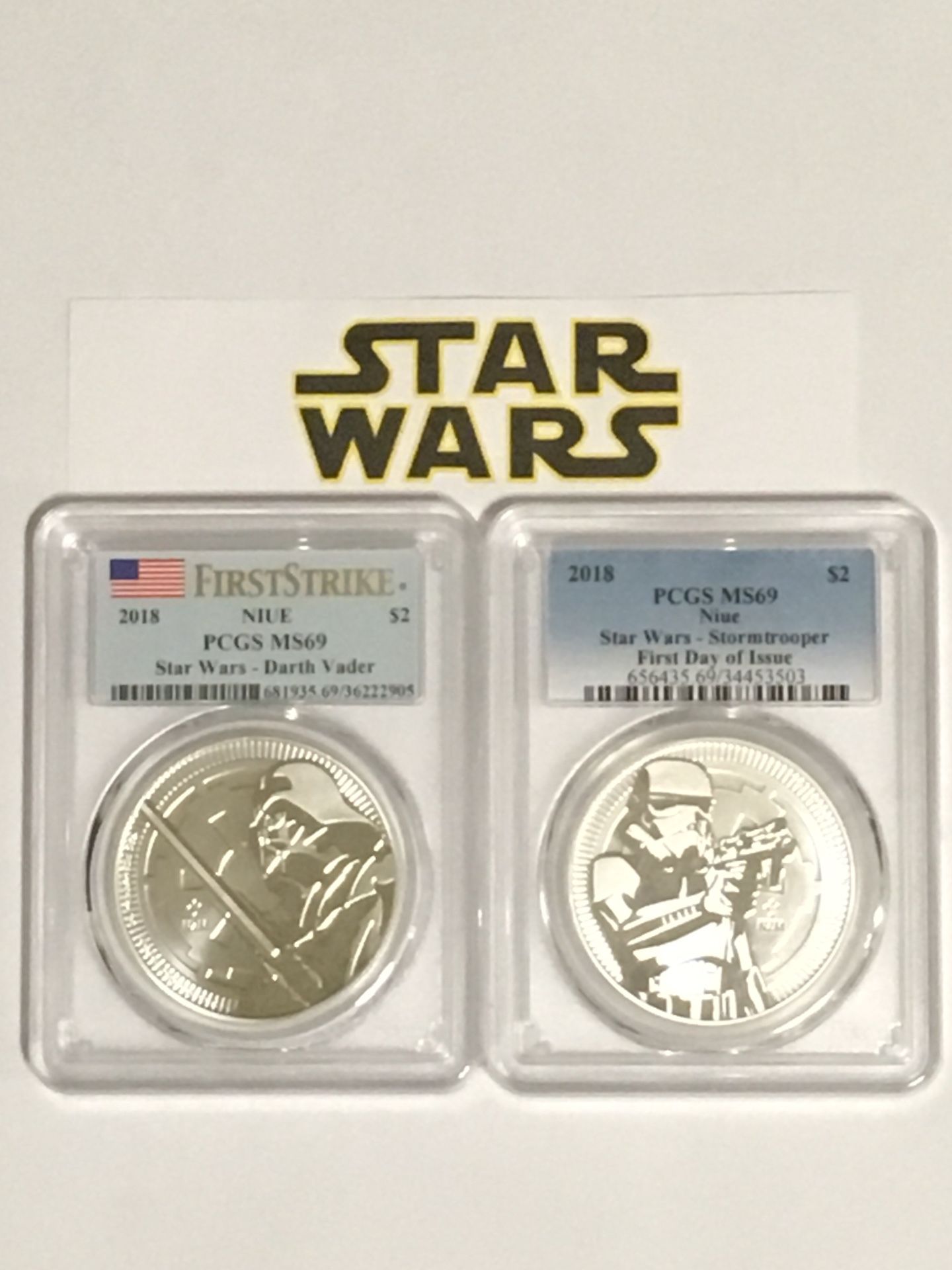2 silver coins, 1 oz silver each, Star Wars, Darth Vader and Stormtrooper, graded MS69 each, both coins $70