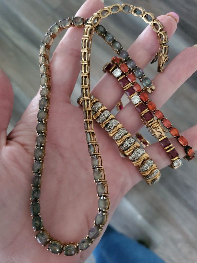 Sterling Silver With Gold Plating, Gems Necklace And Bracelets