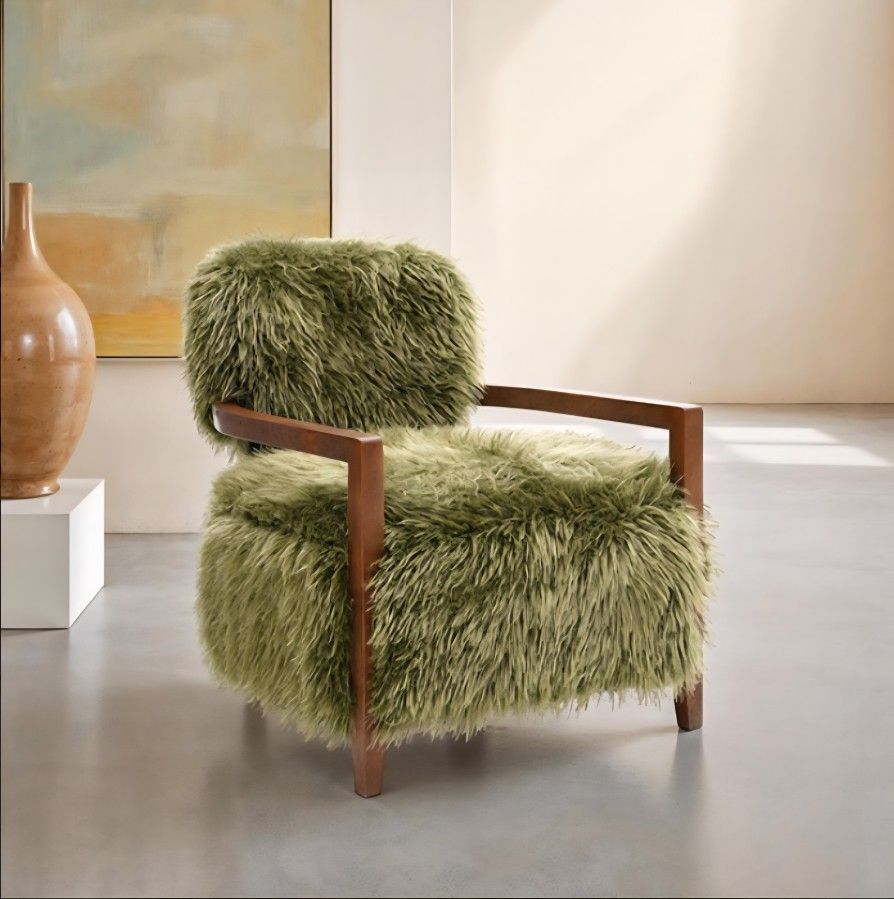 Accent Chair Green Ultra Soft Faux Fur, Dark Walnut Finish. New Especial Price