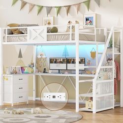 Itaar Stairway Twin Size Loft Bed with L Shaped Desk, White