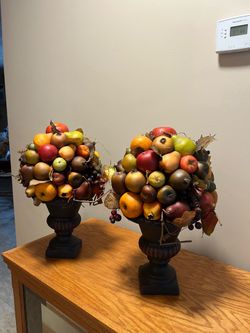 Pair Of Vintage Artificial Fruit Baskets On Chalkware Pedestals