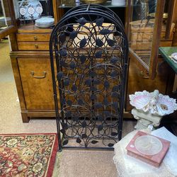 Heavy Wrought Iron Floor Wine Rack Black Door Opens Holds 35 Bottles