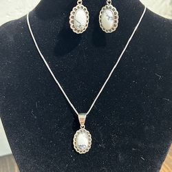 New, Firm, 3 Piece Set of White Buffalo Stone w/ Pendant-18-inch Sterling Silver Chain and Matching Earrings