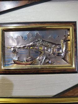 vintage Italian 925 plaque by Creazioni Artistiche depicts a detailed coastal harbor boat scene.