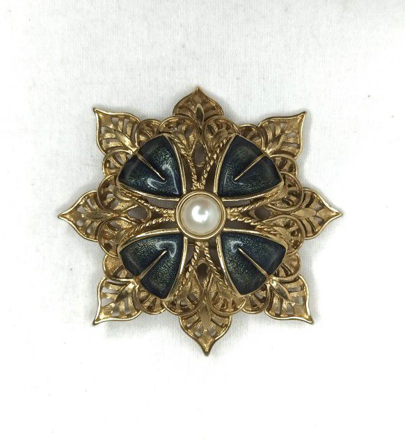 Vintage Monet Flower Brooch Filigree Cross Faux Pearl