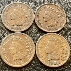 Four (4) Indian Head Pennies Vintage Penny Antique US Cent Coins Over 100 Years Old 