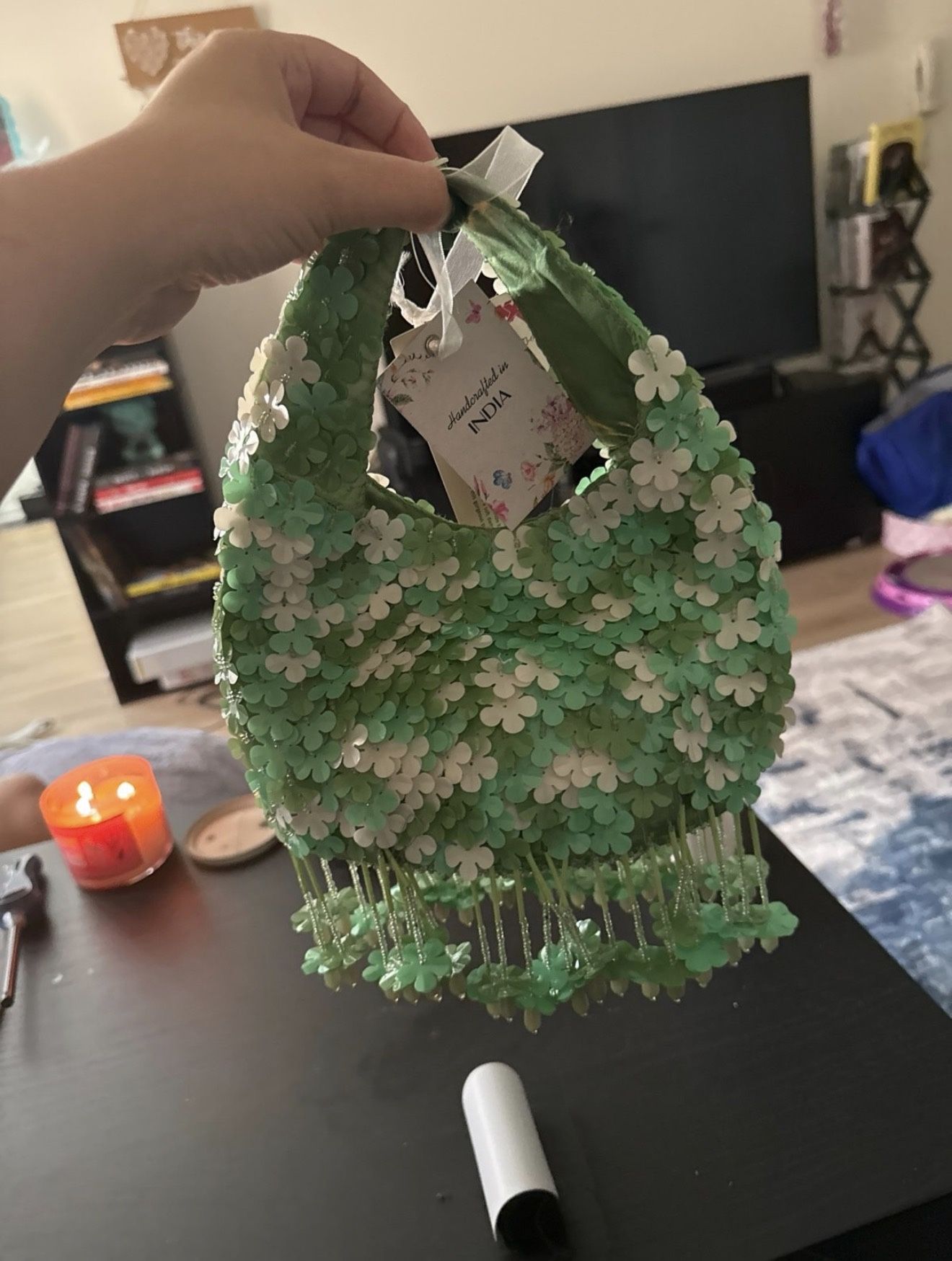 Made In India Green Beaded Bag 