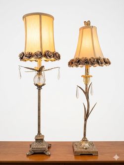 Vintage Hollywood Regency Gilt Metal Buffet Lamps Pair - Shabby Chic Rose Trim Shades, Crystals & Glass Accents - Romantic Cottage Decor