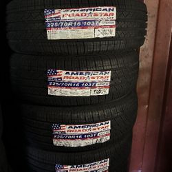 SET OF FOUR NEW TIRES 225/70/16 AMERICAN ROADSTAR INCLUDING MOUNT AND BALANCE, ASK ME FOR SIZES AND BRANDS 