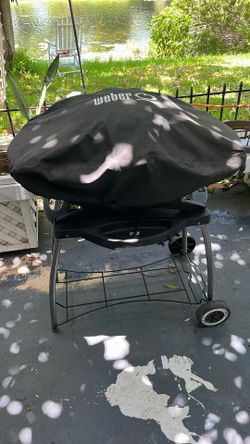 Weber Portable Gas Grill On Movable Cart With A Weber Grill Cover
