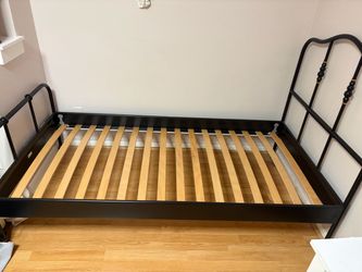 Twin Black Metal Bed Frame with Decorative Headboard and Woo