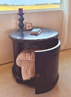 Round Rustic Wood Accent Table/ Storage Cabinet with Stenciled Top