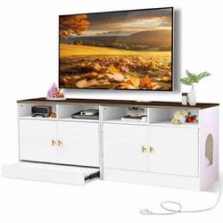 Litter Box Furniture for 2 Cats, 63" Cat Litter Box Enclosure TV Stand Cabinet, White & Walnut
