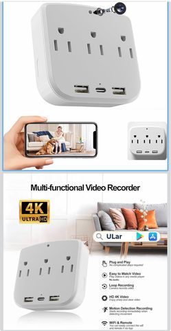 ULar 4K Outlet Camera Wall Charger Indoor Cameras Pet Monitor-WiFi Cam With App Remote, Motion Alerts & Local Storage- No Audio