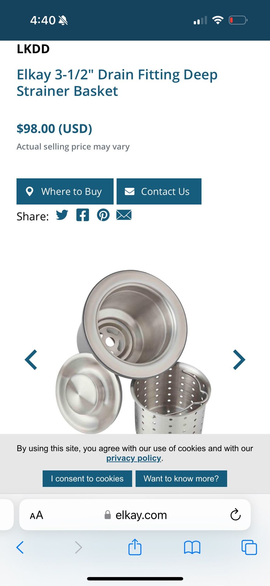 Elkay LKDD 3.5 Inch Drain Fitting Deep Strainer Basket 