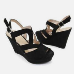 BP Women's Black Open Toe Strappy Platform Sandals Wedge Suede Heel