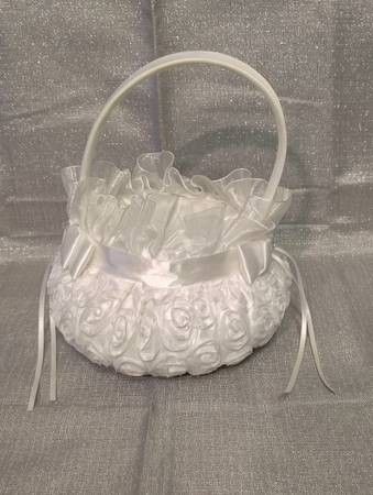 White Silky Roses Flower Girl Basket
