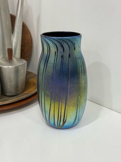 Vintage Elaine Hyde Iridescent Art Glass Vase, dated 1989  Signed for the Artist